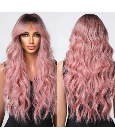Pink Hair Wigs for Women Long Curly Wig with Bangs Ombre Synthetic Wig Heat Resistant Cute Wigs Cosplay Ombre Pink 25 Inch - Buy Online on GoSupps.com