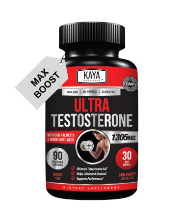 Kaya Naturals Ultra Testosterone - Men's Testosterone Booster with Tongkat Ali Horny Goat Weed Tribulus - Natural Workout Supplement for Energy Stamina and Strength Booster - 90 Count 90 Count (Pack of 1)