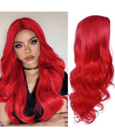 Fancy Hair Long Red Wavy Wigs for Women Curly Middle Part Red Wig Natural Looking Synthetic Heat Resistant Fiber Wigs Hair for Daily Party Use (Bright Red)