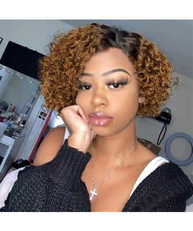 Quantum Love Human Hair Wigs Curly Wave Side Part Wig Short Bob Pixie Cut Brazilian Remy Human Hair Deep Curly None Lace Front Wigs for Women Ombre Black Brown Color OT30