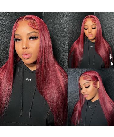 Sogram Hair 99J Burgundy Straight Transparent Lace Front Wigs Human Hair Pre Plucked 13x4 Straight 99J Human Hair Wig with Baby Hair 150% Density Wine Red Wig Colored Glueless Lace Frontal Wigs for Black Women (22 Inch 1...