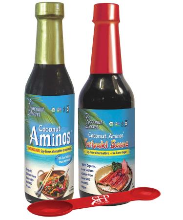 Coconut Secret Variety Pack: (1) COCONUT AMINOS SOY FREE SAUCE, 8 Oz. And (1) GLUTEN FREE TERIYAKI SAUCE 10 Oz., Great for Chicken Marinade, Stir-fry and Asian Food BONUS MEASURING SPOON INCLUDED.