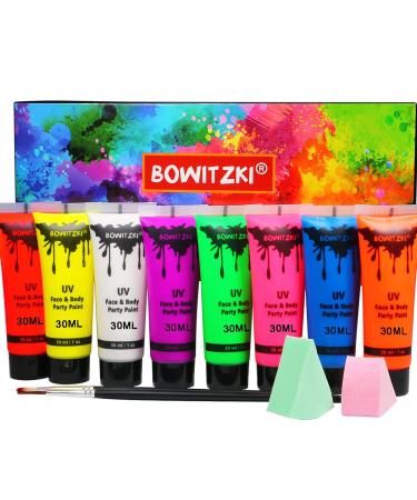 Bowitzki UV Neon Face and Body Paint 8 x 30ml (1.02OZ) Largest Kit Black Light Glow in the Dark Makeup Set Fluorescent Face Painting for Adults Kids Music Festivals Party Halloween Christmas Blacklight Reactive