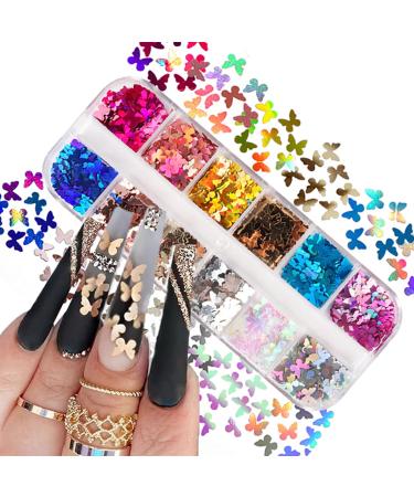 Butterfly Nail Art Glitter Sequins 12 Colors 3D Holographic Butterfly Nail Decals Flakes for Acrylic Nails Manicure Paillettes Ultrathin Glitters Nail Art Supplies for Women Nail Art Decoration Butterfly12grids