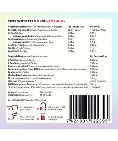 Sterrenstof Watermelon Fat Burner - Appetite Suppressant & Weight Loss Powder with L-Carnitine L-Tyrosine Green Tea Extract | 300g 50 Portions - Buy Online on GoSupps.com
