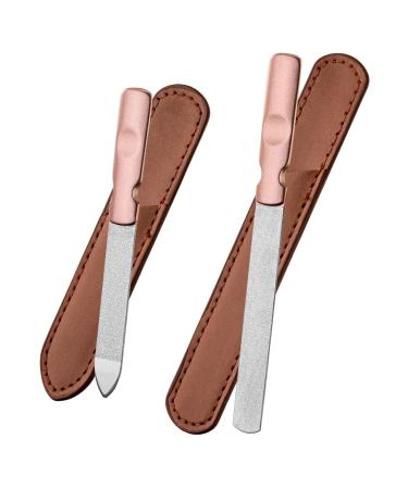 Nail File 2 Pieces Stainless Steel Nail Files with Rose Gold Anti-Slip Handle and Leather Case Double Sided Nail Filer Gifts for Women Men Girls