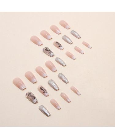 24pcs Glitter Silver Coffin False Nails - Medium Length Stick on Nails for Women/Girls | Press-on & Removable - Buy Online on GoSupps.com