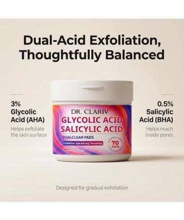 DR. CLARIV Exfoliating Pads with Glycolic Acid 3% and Salicylic Acid 0.5%, AHA BHA Daily Peel Pads with Vitamin B3 B5 B8, Unscented, Large Size 7 Cm, 70 Count (Unscented) - Buy Online on GoSupps.com