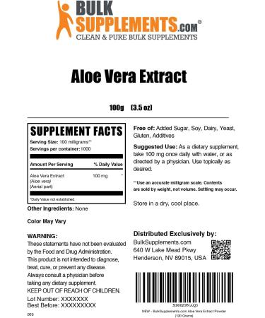 BulkSupplements.com Aloe Vera Extract Powder - Aloe Vera Supplement Herbal Supplement - Vegan & Gluten Free 100mg per Serving 100g (3.5 oz) (Pack of 1) 3.5 Ounce (Pack of 1) - Buy Online on GoSupps.com