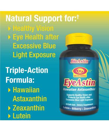 EyeAstin BioAstin Hawaiian Astaxanthin - 60 Gelcaps | Supports Eye Health | Super-Antioxidant | Grown in Hawaii | Black EyeAstin 60 Count - Buy Online on GoSupps.com