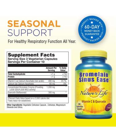 Nature's Life Bromelain Sinus Ease 1200mg with Vitamin C & Quercetin | Sinus Support & Immune Function | 100 Vegetarian Capsules - Buy Online on GoSupps.com