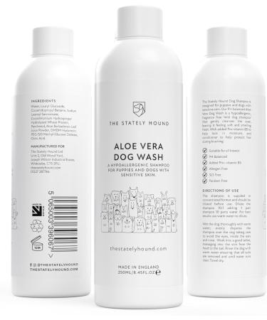 Hypoallergenic Aloe Vera Dog Shampoo - Sensitive Skin Itch Relief Natural Formula Contains Conditioner Tearless pH Balanced Moisturising for Soft Fur Made in UK 250ml for Puppies & Dogs - Buy Online on GoSupps.com