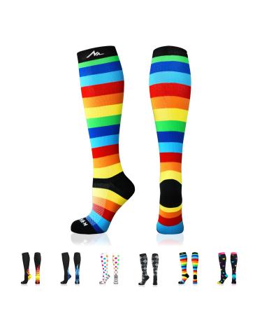 NEWZILL Medical Compression Socks for Women & Men Circulation 20-30 mmHg, Best for Running Athletic Nursing Hiking Travel Rainbow Stripes Large-X-Large