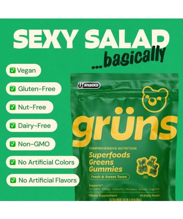 Gruns Adults Super Greens Gummies, Multivitamin Superfood Gummy Bears, Spirulina, Chlorella, Prebiotics & Fiber Gummies for Digestive Health, Adaptogens Supplement, 20 Vitamins & Minerals, 10 Count Low Sugar - Buy Online on GoSupps.com
