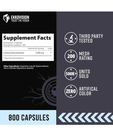 Ekkovision Creatine Monohydrate Capsules Micronized Unflavored Creatine Supplement for Men & Women Pre Workout & Post Workout Support Easy-to-Swallow 800 Capsules 200 Servings - Buy Online on GoSupps.com
