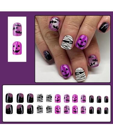 Halloween Press on Nails | Short Square Cute Ghost Design | Purple Glue on Nails with Mummy Spider Web & Bat | Full Cover Glossy Acrylic | 24 Pcs for Women & Girls - Buy Online on GoSupps.com