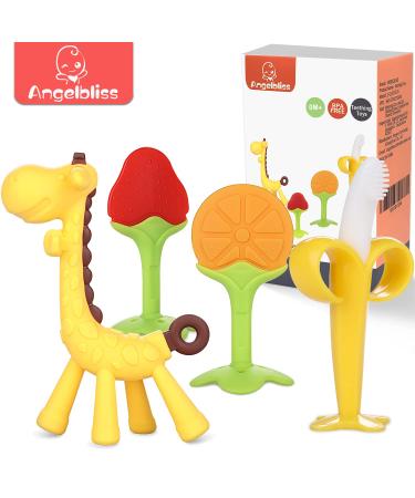 Teething Toys (4 Pack)-ANGELBLISS Baby Teething Toys Set/Baby teether chew Toys/Natural Organic Freezer Safe for Infants and Toddlers/BPA-Free Teether Set for Boys & Girls (Orange)