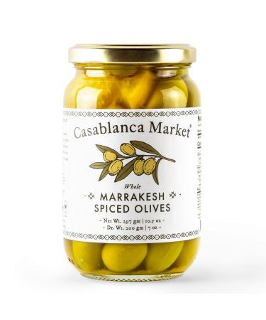 Casablanca Market Marrakesh Spiced Olives  Moroccan Colossal Green Olives  Olives Whole with Pits from Morocco - Green Olives without Pimento  Moroccan Martini Olives Gourmet Olives (10.5oz)