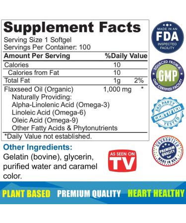 Organic Flaxseed Oil 1000mg Omega-3 Immune System Booster | Omega 3 6 9 from ALA | Supports Heart Health, Hair, Skin, Nails | 100 Liquid Softgels - Buy Online on GoSupps.com