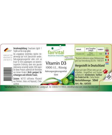 Fairvital | Liquid Vitamin D3 - 1000 IU per drop vegetarian from lanolin - 50 ml vitamin D3 oil - Buy Online on GoSupps.com