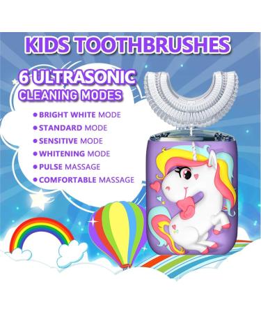 Kids Electric Toothbrush U Shaped Ultrasonic | 6 Sonic Clean Modes | IPX7 Waterproof | Rechargeable Smart Timer | Unicorn Design | for Children 2-6 | Purple - Buy Online on GoSupps.com