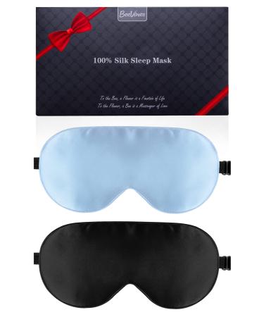 Silk Sleep Mask 2 Packs 100% Real Natural Silk Eye Mask with Adjustable Straps Eye Sleep Mask BeeVines Summer Travel Eye Sleep Sunshade to Reduce Puffy Eyes (Black & Pastel Blue) 10- Black & Pastel Blue