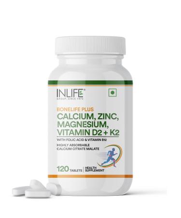 INLIFE Calcium Magnesium Zinc Vitamin D K2 Folic Acid & B12 Vegetarian Tablets Bone & Joint Support Supplement | Calcium Supplement for Women Men - 120 Tablets (Pack of 1)
