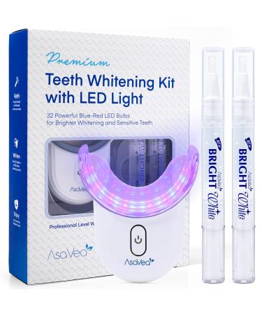 AsaVea Teeth Whitening Kit with LED Light - Strength Whitening Gel with 32X Powerful Blue-Red Rechargeable LED  Effective for Sensitive and Stained Teeth  Comfortable and Accelerated Teeth Whitening