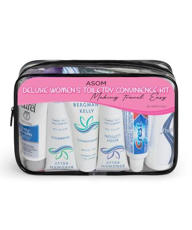 Asom Travel Toiletries Women Convenience Kit, Personal Care Toiletry Accessory Wellness Hygiene Essentials Set, TSA Approved Clear Traveling Bag Toiletry Accessories Kits, 36 Pc.