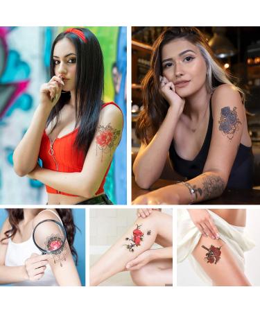 Konsait Flower Temporary Tattoos - 15 Sheets | Rose Skull Butterfly Designs | Arm Sleeves Stickers for Women, Girls, Kids | Decorative Body Art - Buy Online on GoSupps.com