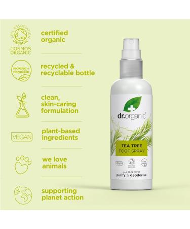 Dr Organic Tea Tree Foot Spray Deodorising Purifying Quick Drying Aluminium Free with Natural Peppermint Oil Vegan Cruelty-Free Paraben & SLS Free Certified Organic 100ml - Buy Online on GoSupps.com