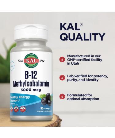 KAL Vitamin B-12 Methylcobalamin Lozenges 5000mcg - Healthy Energy & Metabolism Support - Vegan & Sugar-Free - 60 Servings - Buy Online on GoSupps.com