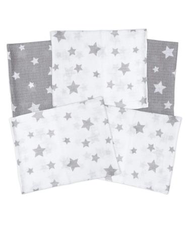 ByBoom - Muslin nappies - Cloth nappies - Burp cloths - Colorful - 70x80 cm - Pack of 5 100% cotton MADE IN EU Color: Gray - Stars