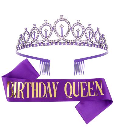 CIEHER Purple Birthday Decorations  Purple Birthday Sash & Queen Crown Kit  Purple Crown  Purple Tiara  Purple Crowns for Women Girls  Purple Birthday Crown Tiara  Birthday Crown and Sash  Purple Birthday Gifts for Women...