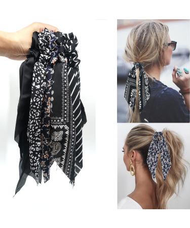Black Floral/Striped Scarf Scrunchie Set - 5pcs Chiffon/Silk Hair Ties for Women - Buy Online on GoSupps.com