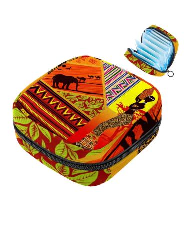 Menstruation pad bag with zipper women's napkin bag tampons collecting bags for women and girls (African girl wild life tree and animal pattern)