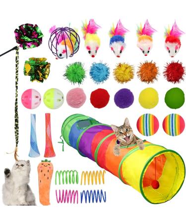 Cat Interactive Toys 30 PCS Cat Kitten Toys Set Including Cat Tunnel Fluffy Mouse Cat Catnip Toy Mice Colorful Crinkle Balls and Bells Interactive Toys Pack for Indoor Cats