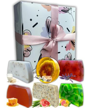 Lu.Flo Lu.Flo Gift Set Gift Idea for Women Handmade Glycerin Solid Soap 6 x 100g Gentle on Skin Body Soap Vanilla with Loofah Honey Lavender Goat's Milk with Oats Citrus