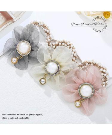 Brinie Pearl Flower Hair Ties - Pack of 3 Beige Hair Scrunchies for Women and Girls - Buy Online on GoSupps.com