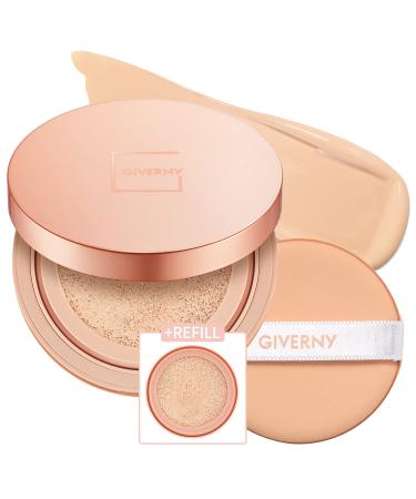 GIVERNY Milchak Matt Fit Cushion Foundation with Refill 21 Light beige   Flawless Coverage for Oily Skin - Sebum and Sweat Control - Lightweight and Waterproof Foundation Makeup  0.4oz. x 2