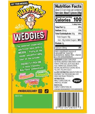 Warheads Wedgies (99g) 3 Splashy Flavor Combos | Cherry Limeade Pink Lemonade Watermelon Punch | Uncomfortably Sour Chewy Candy Treats from America! Sold by Swiss+ - Buy Online on GoSupps.com
