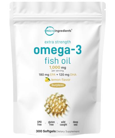 Micro Ingredients Extra Strength Omega 3 Fish Oil Supplements 1 000mg Per Serving 300 Softgels | Lemon Flavored | Burpless | EPA 180mg + DHA 120mg | Deep Sea Fish 300 Count (Pack of 1)