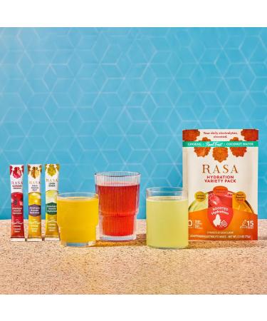 Rasa Hydration Adaptogen Powder Variety Pack | Electrolyte Mix for Rapid Hydration & Stress Support | Ginseng Real Fruit & Coconut Water | Peach Passion Lemon Ginger & Raspberry Hibiscus | 15 Pack - Buy Online on GoSupps.com