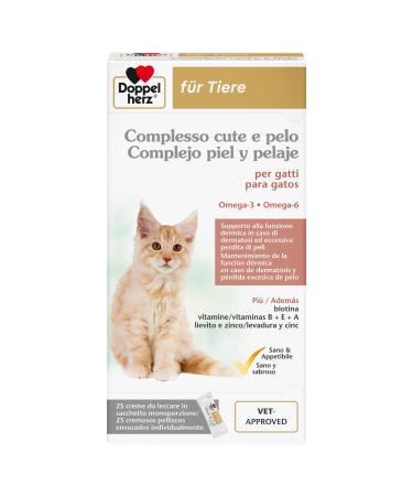 Doppelherz Cute and Hair Complex for Cats Support for Dermal Function in Case of Dermatosis and Excessive Hair Loss Omega-3+6 Biotin Vitamins B+E+A 25 Lick Creams