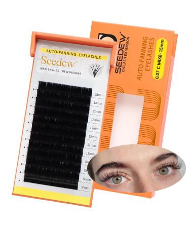 Autofan Lashes 0.05/0.07 C/D Curl 8-15mm Mega Volume Eyelash Extensions Auto Self Fanning Pre-Glued Individual 5/6/8/10D Lashes for Lash Artists Professional Use Only(0.07-C-MIX8-15mm-Black) MIX8-15mm 0.07-C-MIX8-15mm-Black