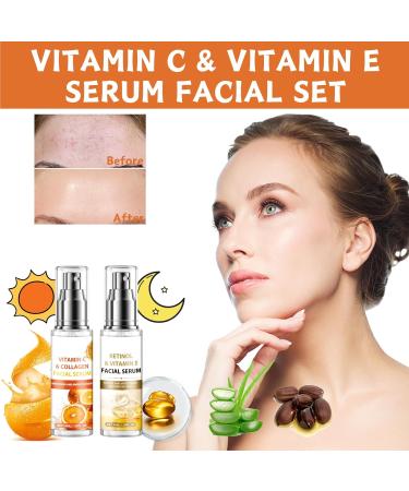 Vitamin C & Vitamin E Serum Facial Set Morning C and Night E Skincare Gift Set Anti-Wrinkle Tighten Skincare Set with Vitamin C & Collagen Serum (Day Use) Retinol & Vitamin E Serum(Night Use) - Buy Online on GoSupps.com