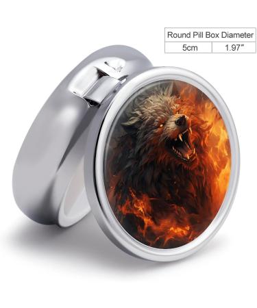 Round Pill Box - Wild Wolf in Fire Print | 3 Compartment Metal Pill Organizer | Decorative Portable Pocket Case - Buy Online on GoSupps.com