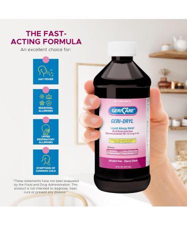 GeriCare Geri-Dryl Diphenhydramine HCI Solution - Antihistamine Liquid Multi-Symptom Allergy Relief Formula - Relieves Sneezing Runny Nose Watery Itchy Eyes & Throat 16 FL OZ (Pack of 1) Red 16 Fl Oz (Pack of 1) Liquid - Buy Online on GoSupps.com