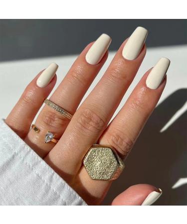 24pcs Beige False Nails Short Stick on Nails Square Press on Nails Removable Glue-on Nails Fake Nails Women Girls Nail Art Accessories 0252Y71