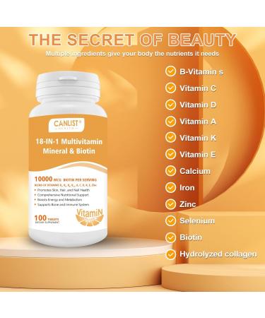 CANLIST Hair Skin and Nails Multi-Vitamin for Men & Women 10000mcg Biotin & Multimineral Contains B-Vitamins Vitamins C E & D3 Trace Minerals Zinc Gluten-Free Dairy-Free Soy-Free 100 Tablets - Buy Online on GoSupps.com